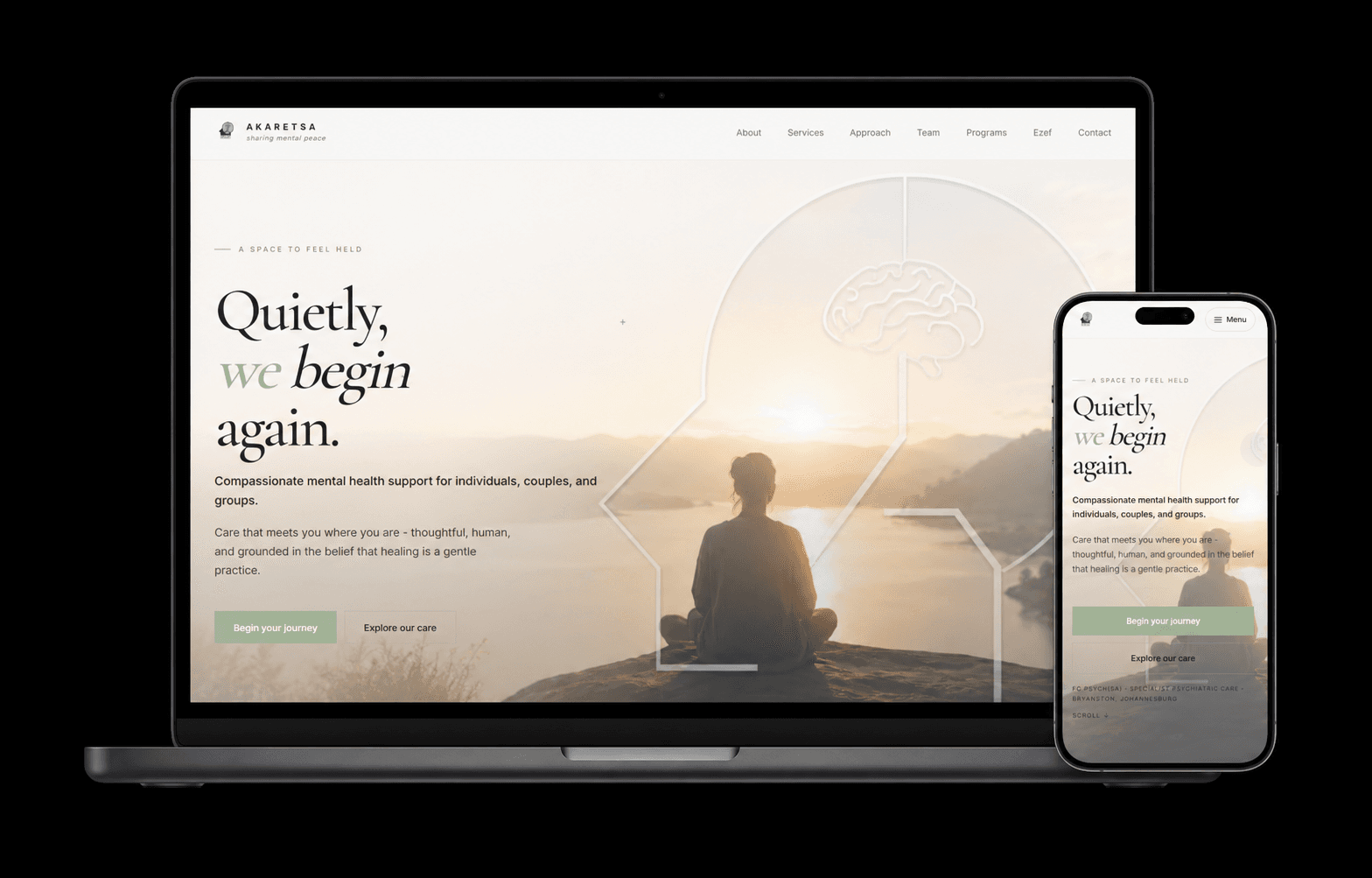 Akaretsa website shown on laptop and mobile device mock-ups