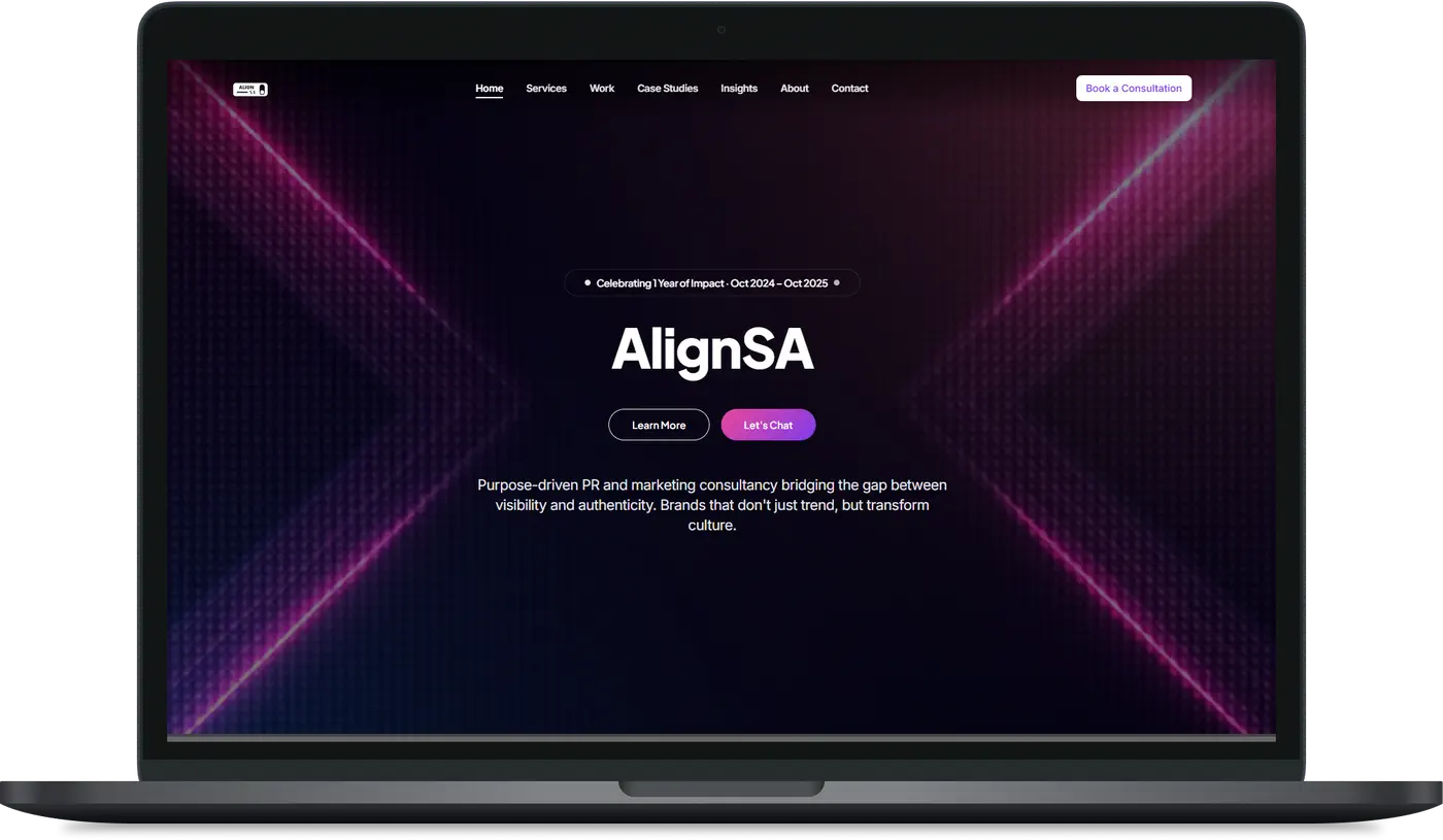 Align SA homepage hero introducing the consultancy with links to services, work, case studies, insights, about, contact, and consultation booking.