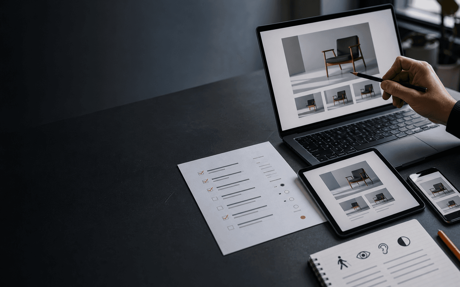 Responsive interface being checked across laptop, tablet and mobile devices