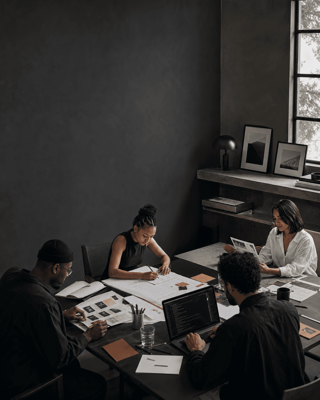 A studio team mapping digital systems, research and design decisions around a working table